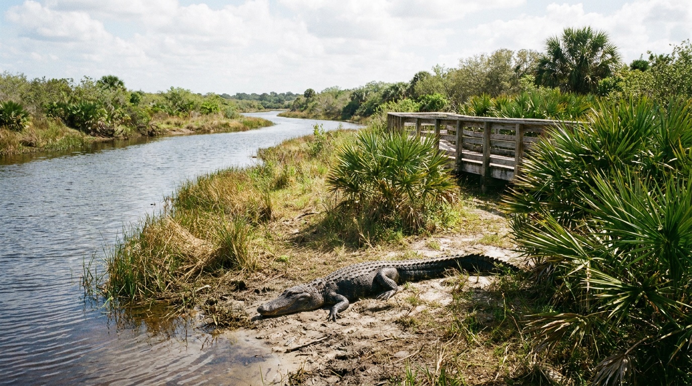 An American alligator basking along the Myakka River or Birdwalk wetlands