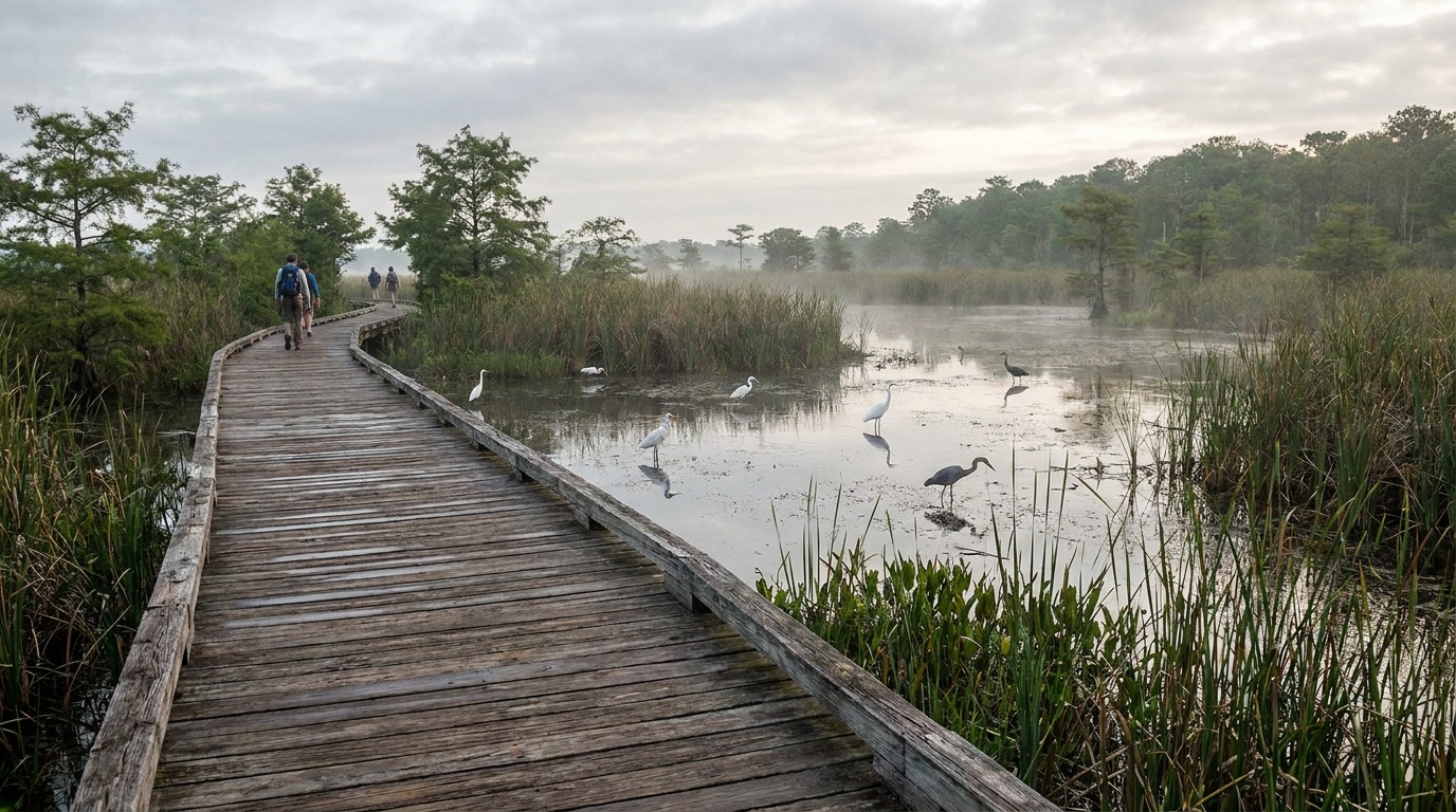 The Birdwalk boardwalk extending over freshwater wetlands with wading birds