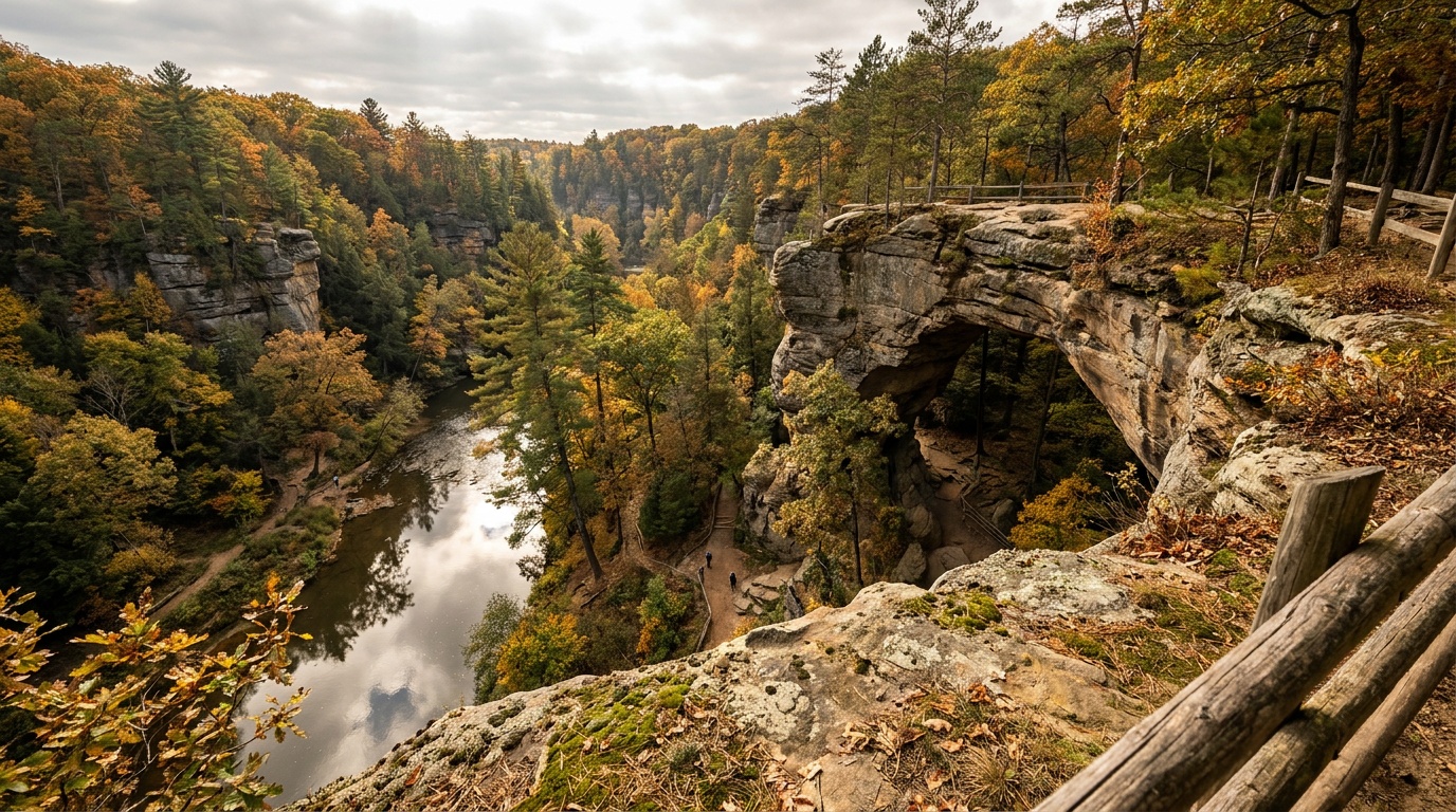 View from atop the Natural Bridge arch across the forested gorge