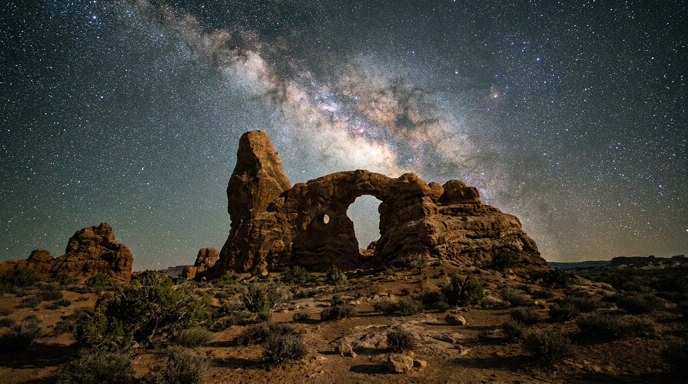 The Milky Way arcing over a natural bridge at this dark-sky park