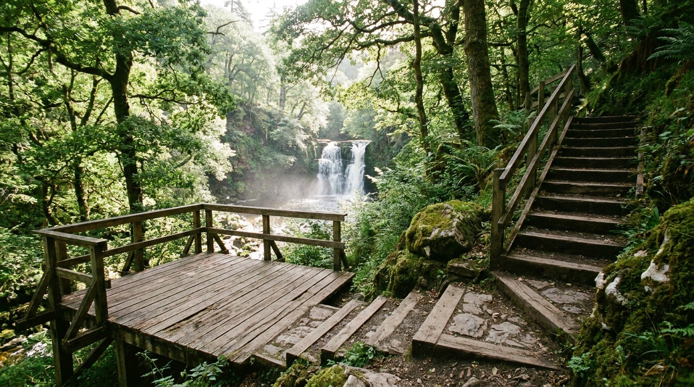 A wooden viewing platform and stairway descending into the green shaded canyon toward the base of the Natural Falls waterfall, ferns and hardwoods all around.