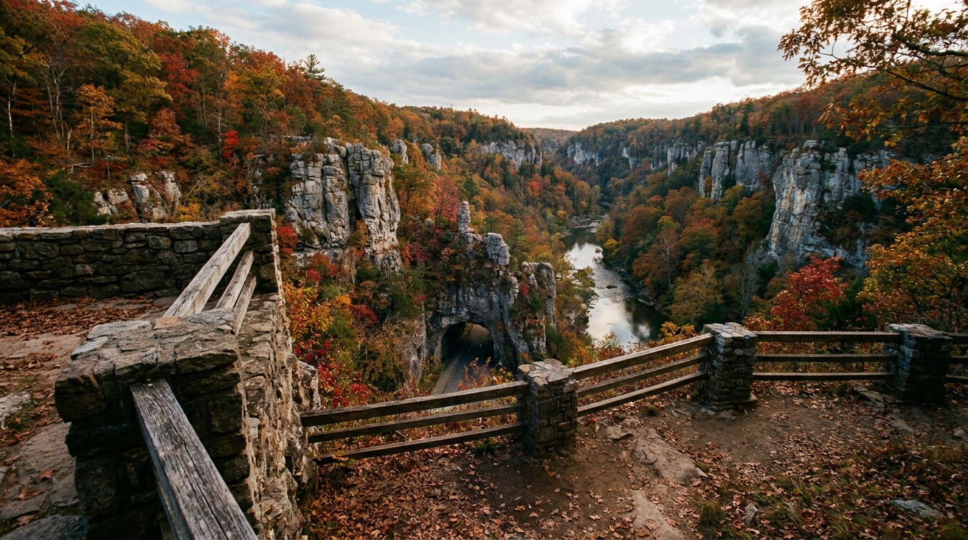 The view from the Lover's Leap overlook high above the natural tunnel, looking down at the gorge and towering limestone cliffs framed by autumn trees