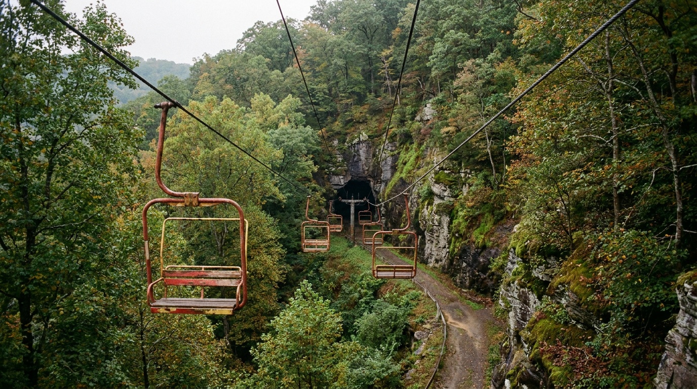 A red and yellow chairlift descending through forested cliffs toward the tunnel floor, empty seats over the treetops, the only chairlift in the Virginia state park system
