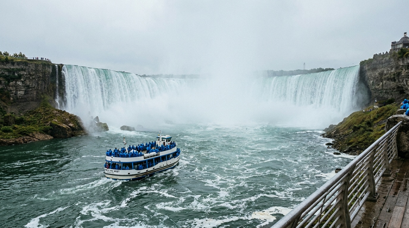 Maid of the Mist boat in the basin below the falls