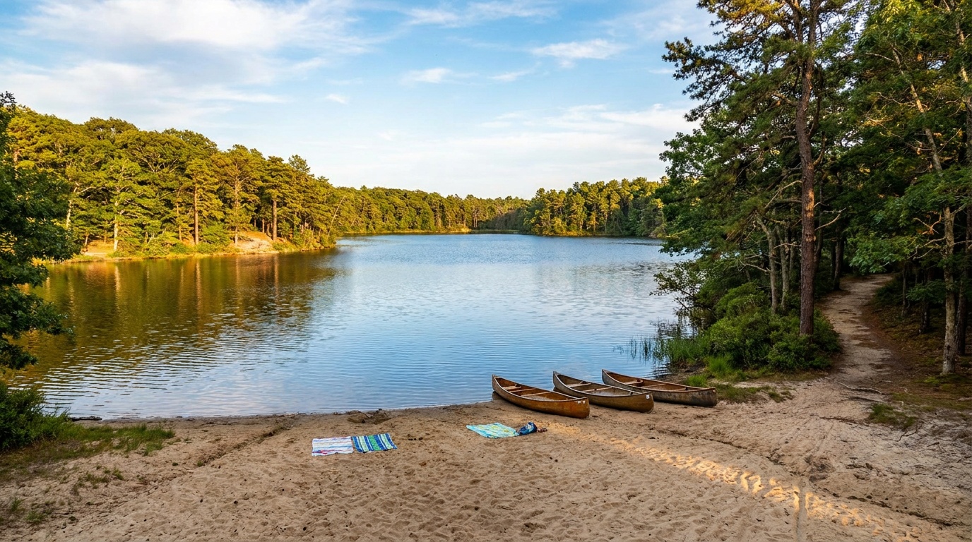 A large clear blue kettle pond ringed by oak and pine forest at Nickerson State Park on Cape Cod, a sandy swimming beach in the foreground, calm reflective water, warm summer light, photorealistic landscape photography