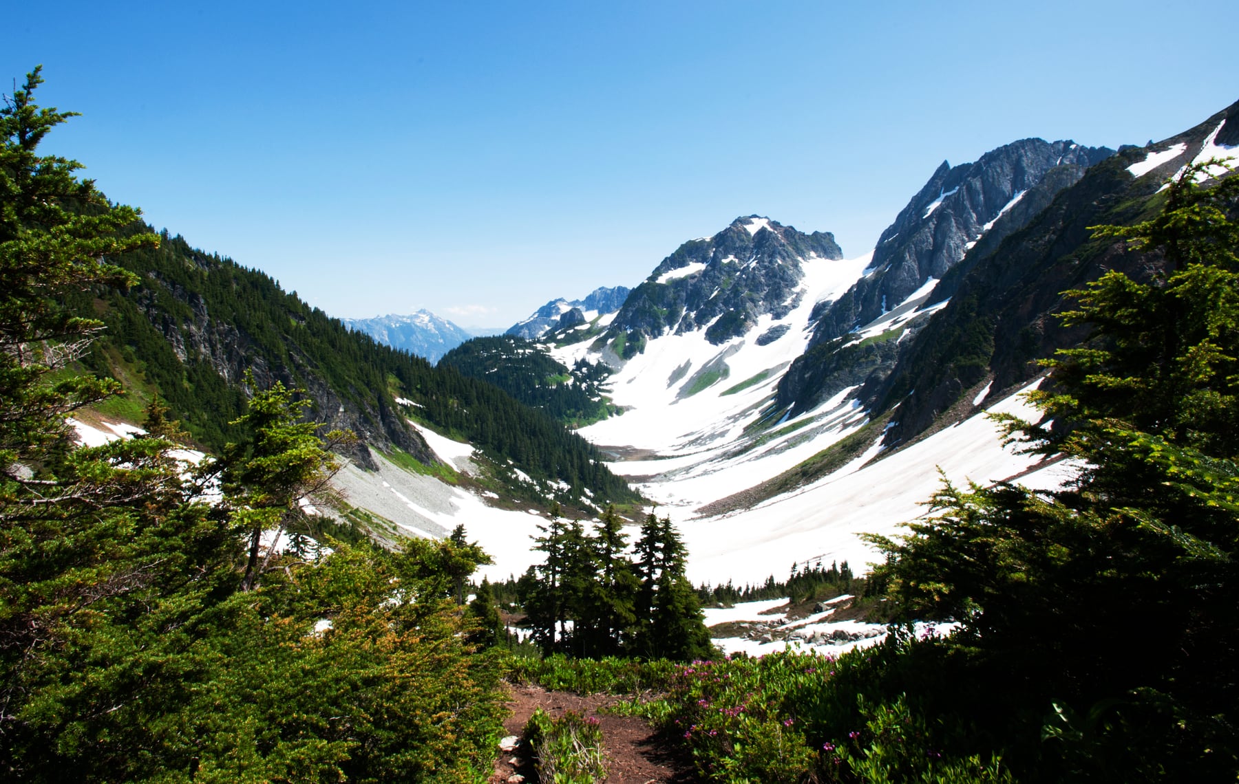 Pelton Basin and glacier-covered peaks from Cascade Pass