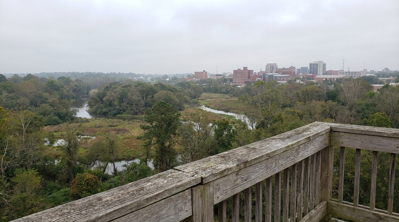 Sweeping view from the top of the Great Temple Mound across the Ocmulgee River floodplain and distant Macon skyline