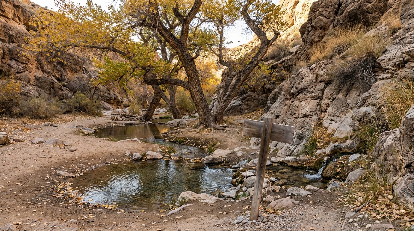 Cottonwood-shaded spring and pools at the canyon mouth
