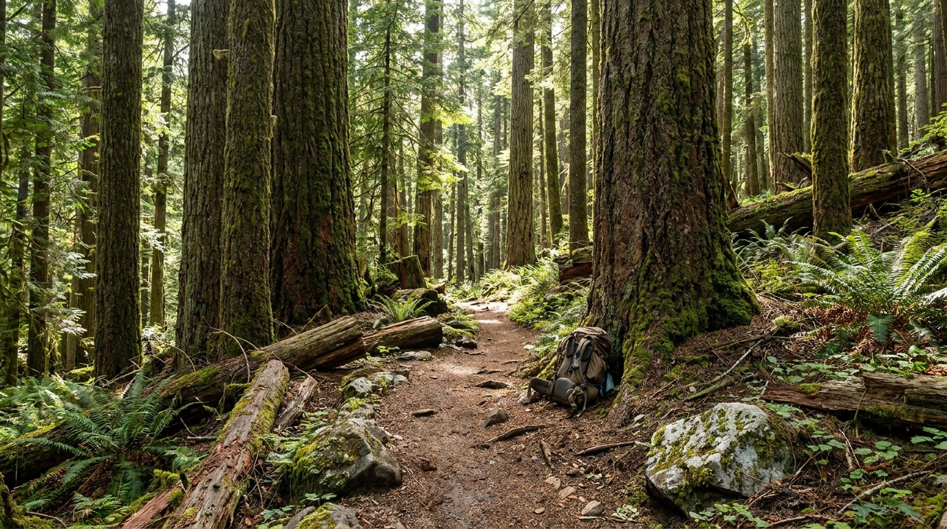 Old-growth Douglas-fir forest on the Big Tree Trail above Oregon Caves, towering mossy trunks, dappled green light, a quiet forest path