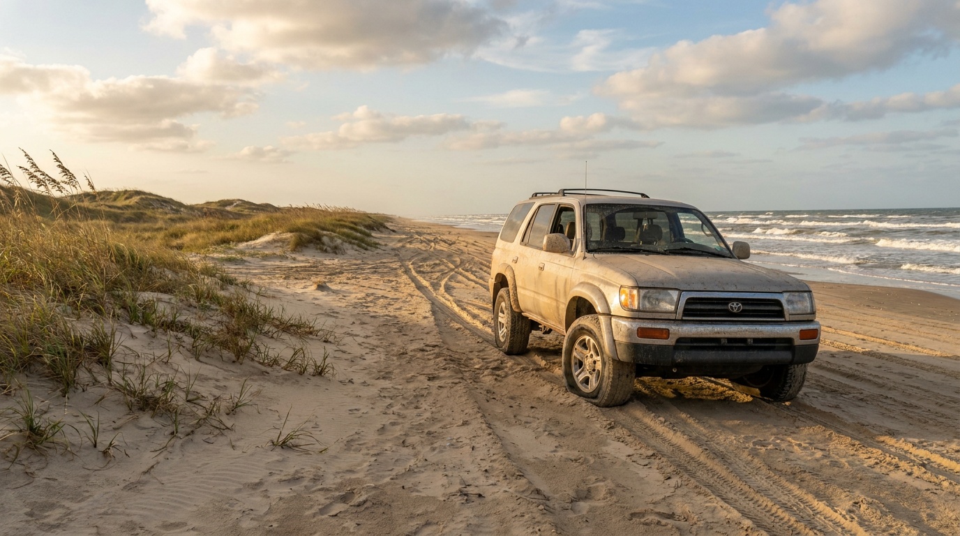 A four-wheel-drive vehicle with aired-down tires driving the soft-sand down-island beach of Padre Island with dunes and grasses alongside