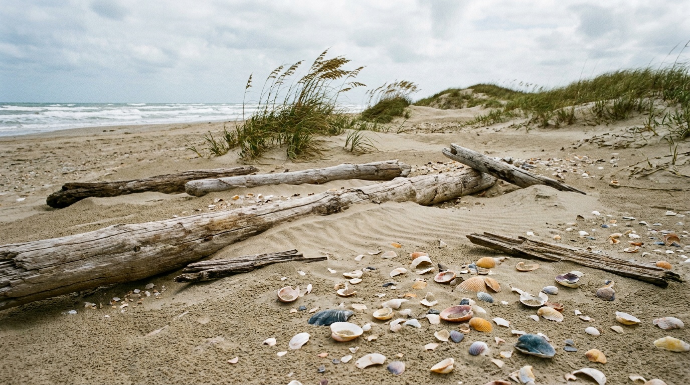 Driftwood and colorful shells scattered across the windblown sand of a remote Padre Island beach with sea oats and dunes