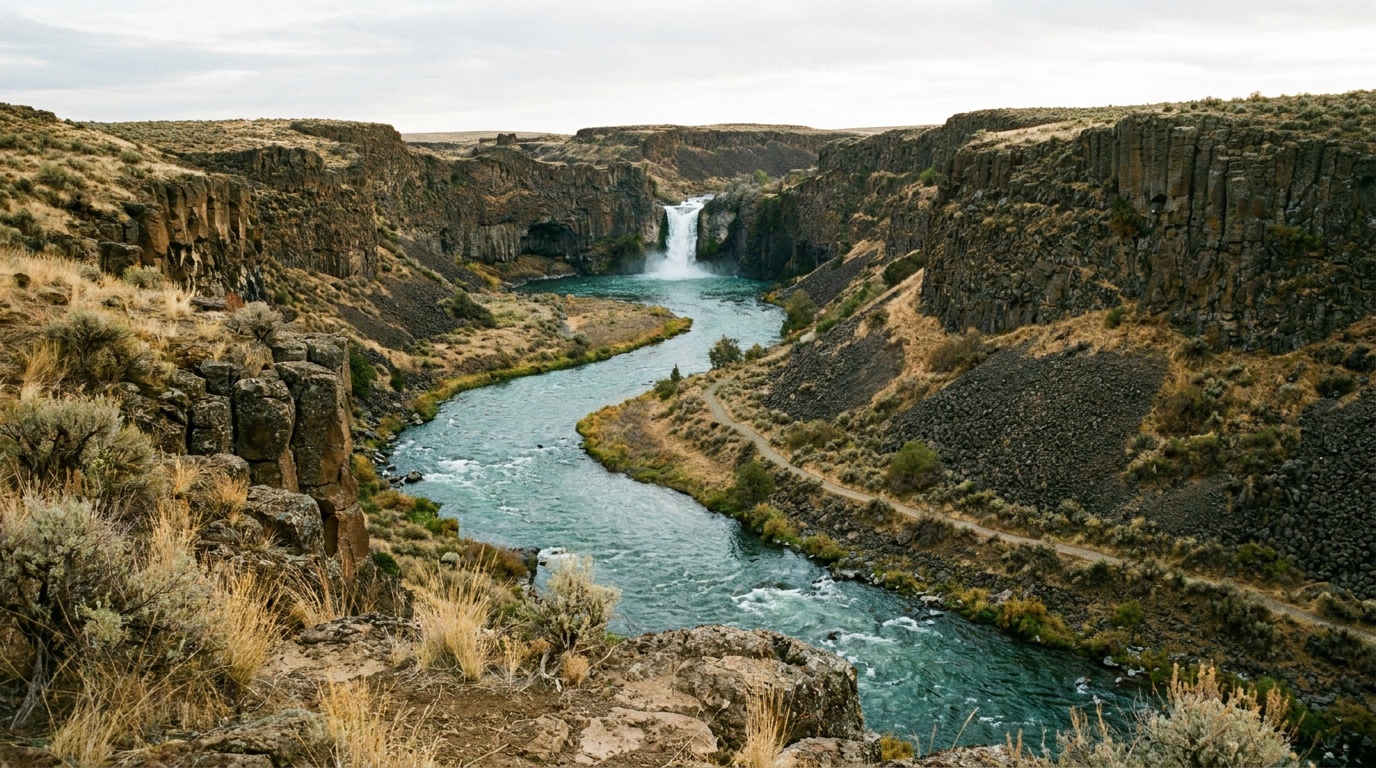 The basalt scabland canyon and Palouse River below the falls