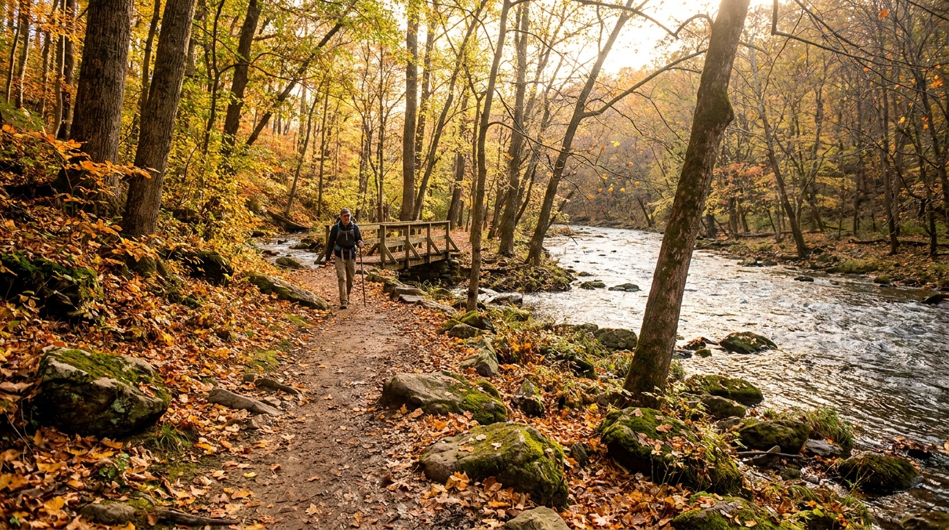 A wooded riverside hiking trail along the Patapsco River at Patapsco Valley State Park in fall, golden leaves, a hiker on the path, soft afternoon light
