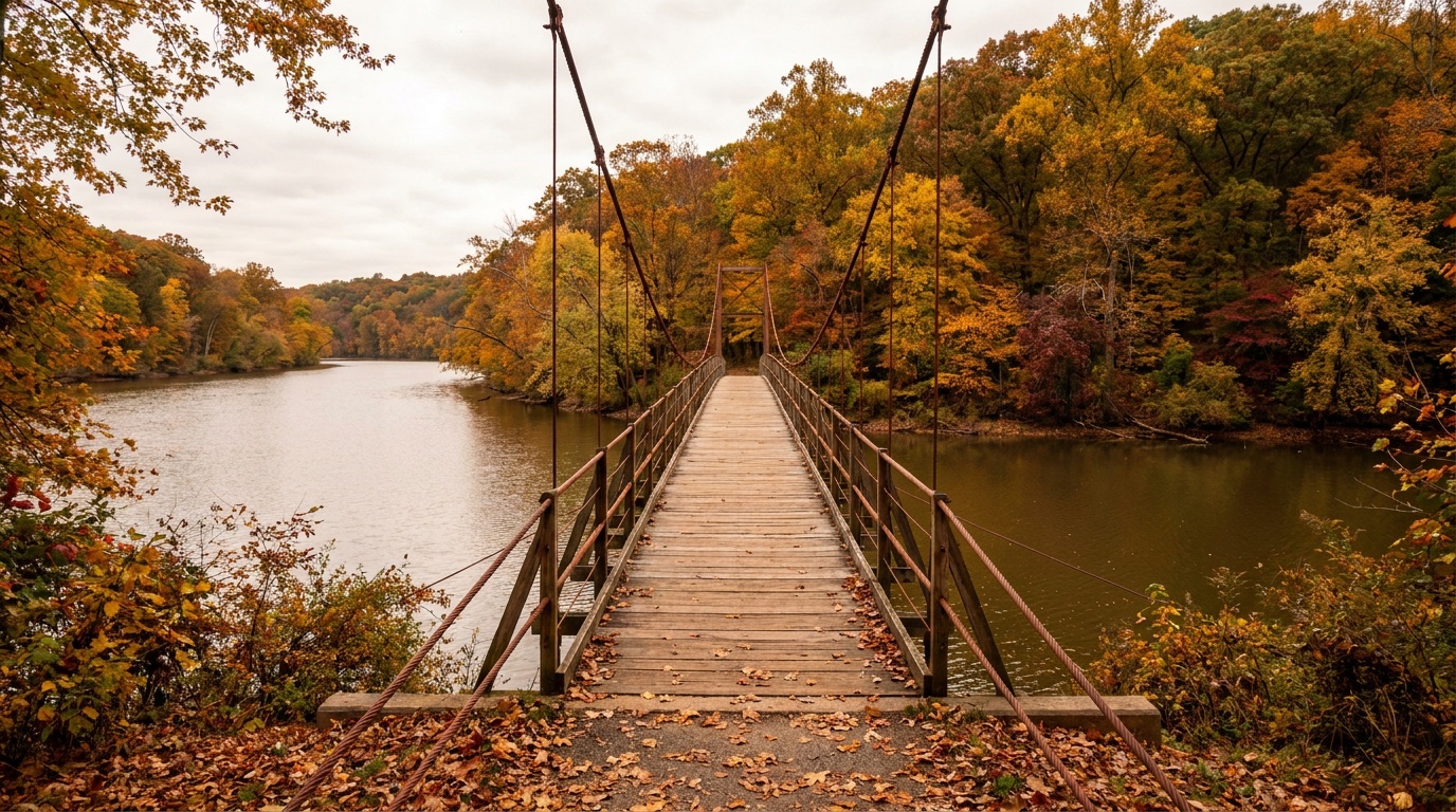 The 300-foot Orange Grove swinging suspension footbridge over the Patapsco River at Patapsco Valley State Park, forested banks, calm river below, autumn color, Maryland