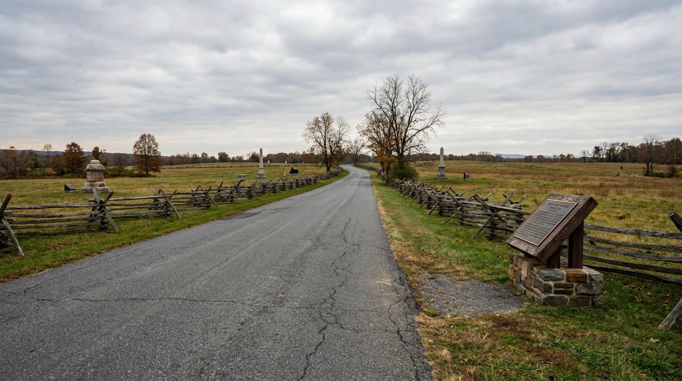 The paved auto tour road curving through the historic battlefield with an interpretive marker