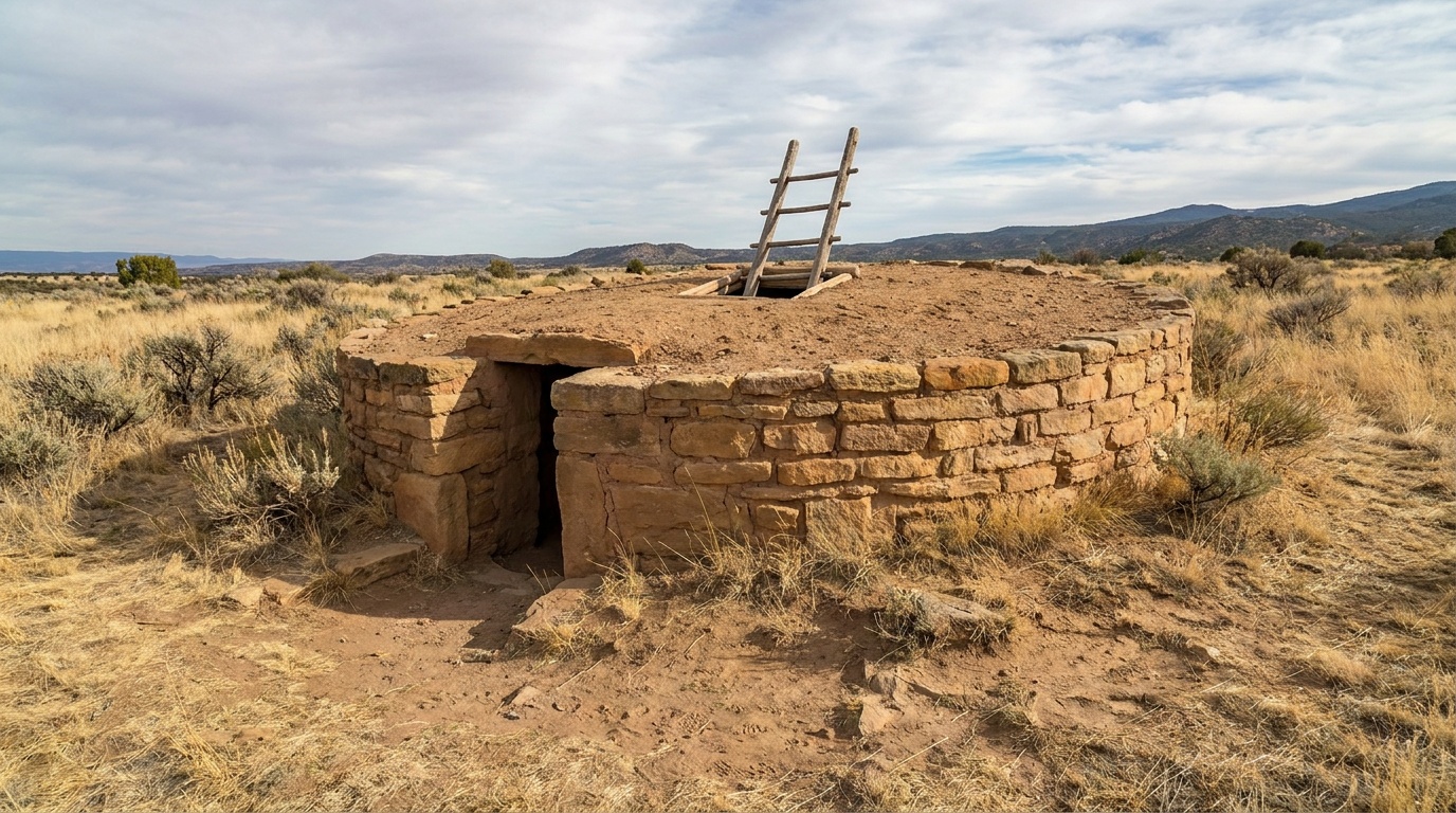 A reconstructed ceremonial kiva on the Pecos pueblo grounds, ladder rising from the underground chamber, dry grassland all around