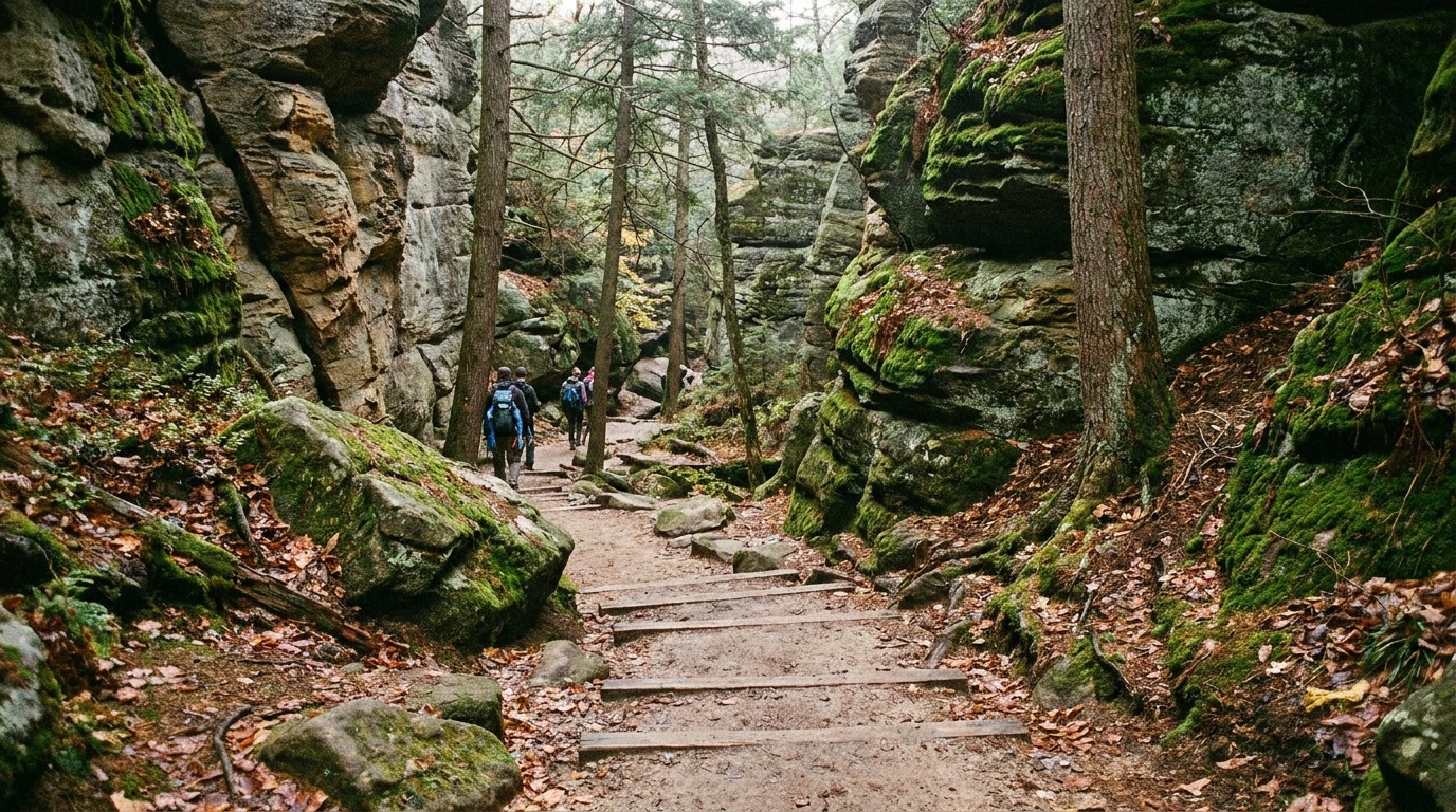 The Cedar Falls Trail descending through the rocky canyon