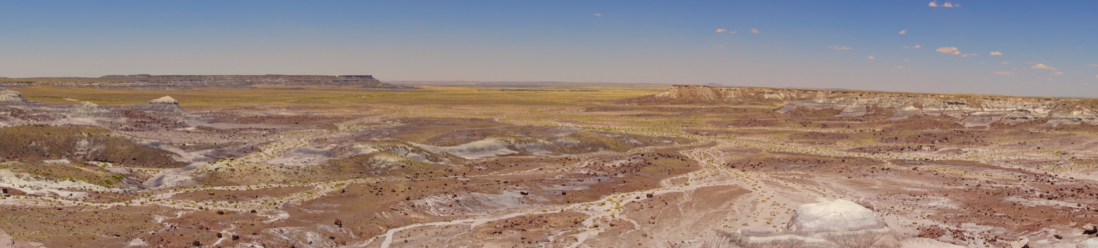 Wide panoramic view of the colorful badland hills and eroded geological formations of Petrified Forest National Park in Arizona under a clear sky