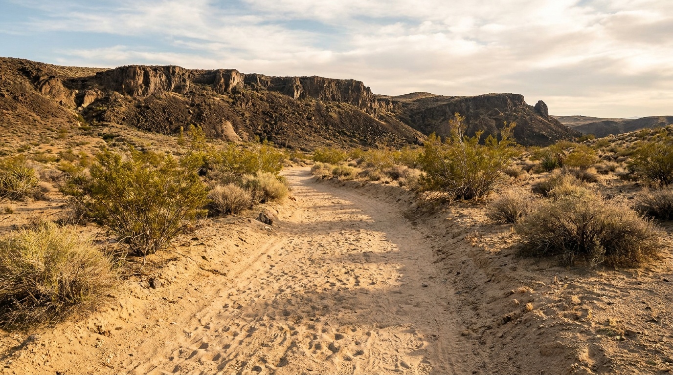 A sandy desert trail winding through Rinconada Canyon toward the volcanic escarpment