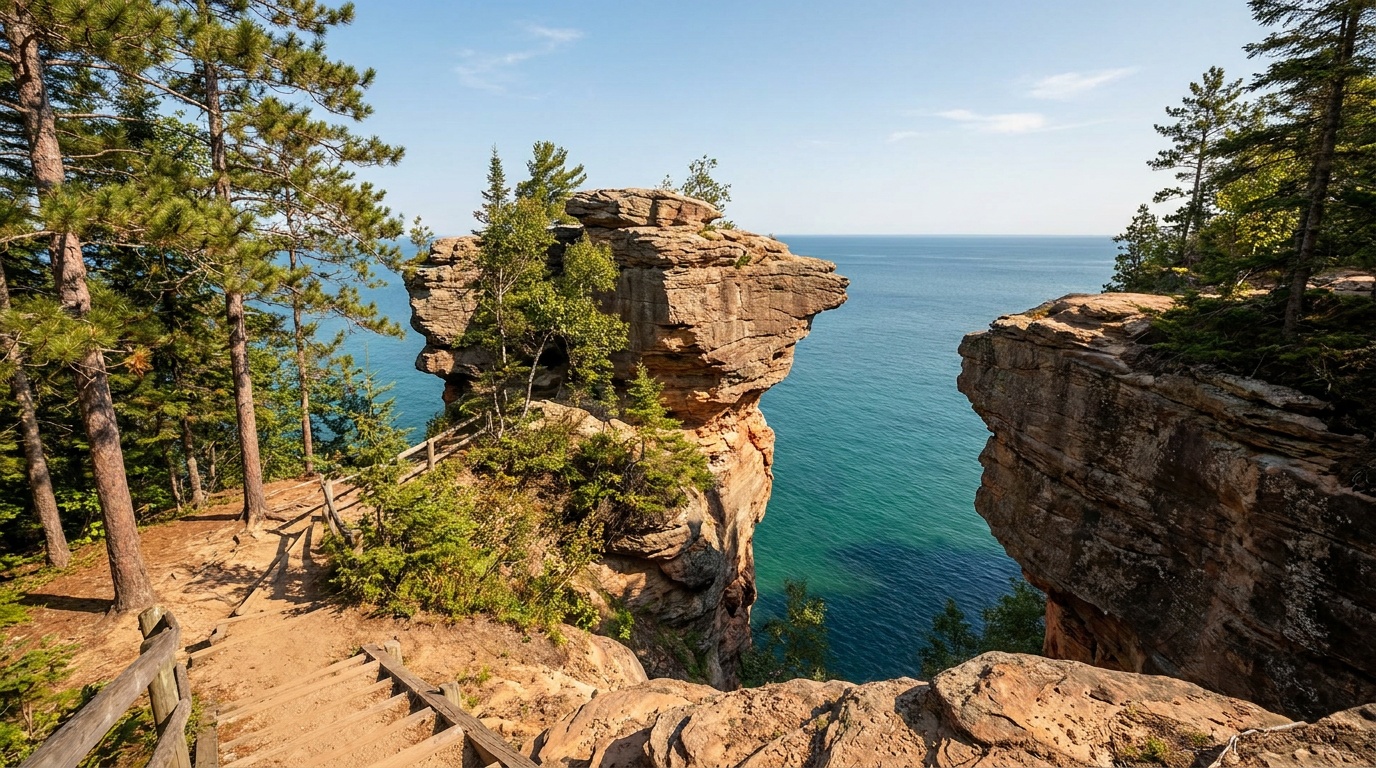 Miners Castle sandstone formation jutting over Lake Superior at Pictured Rocks, turquoise water far below, forested clifftop, bright clear sky
