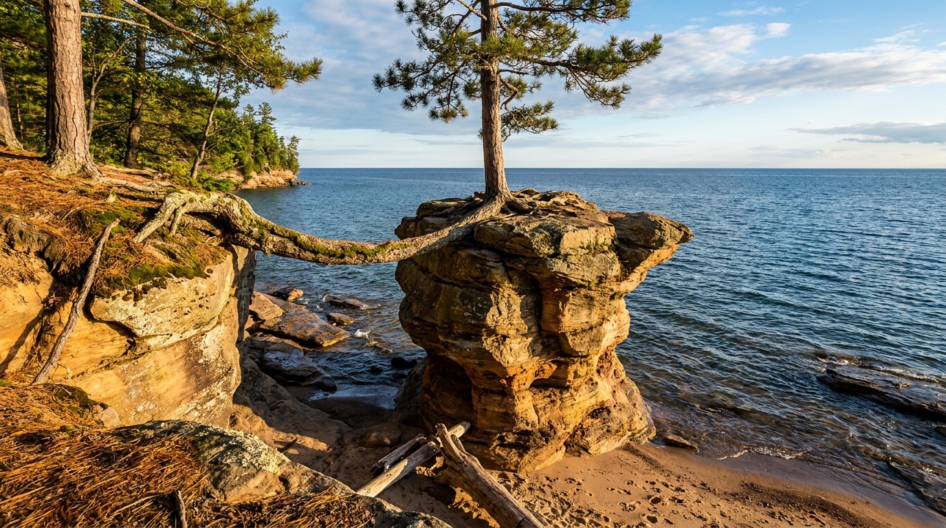 Chapel Rock with its famous lone pine tree perched atop a sandstone sea stack, root bridge spanning to the cliff, blue Lake Superior behind, golden light
