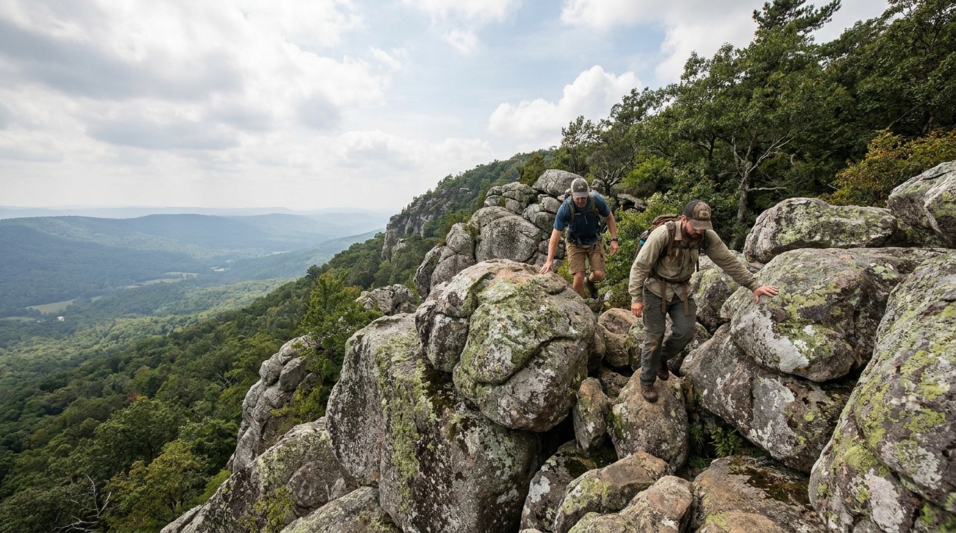 Hikers scrambling up a rugged boulder-strewn summit trail with hands on rock, the East Summit route, distant valley views opening behind them, Arkansas