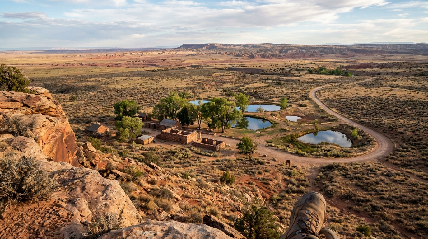 The Ridge Trail overlook above Pipe Spring looking down on the fort, ponds, and the sweeping remote Arizona Strip landscape, big sky