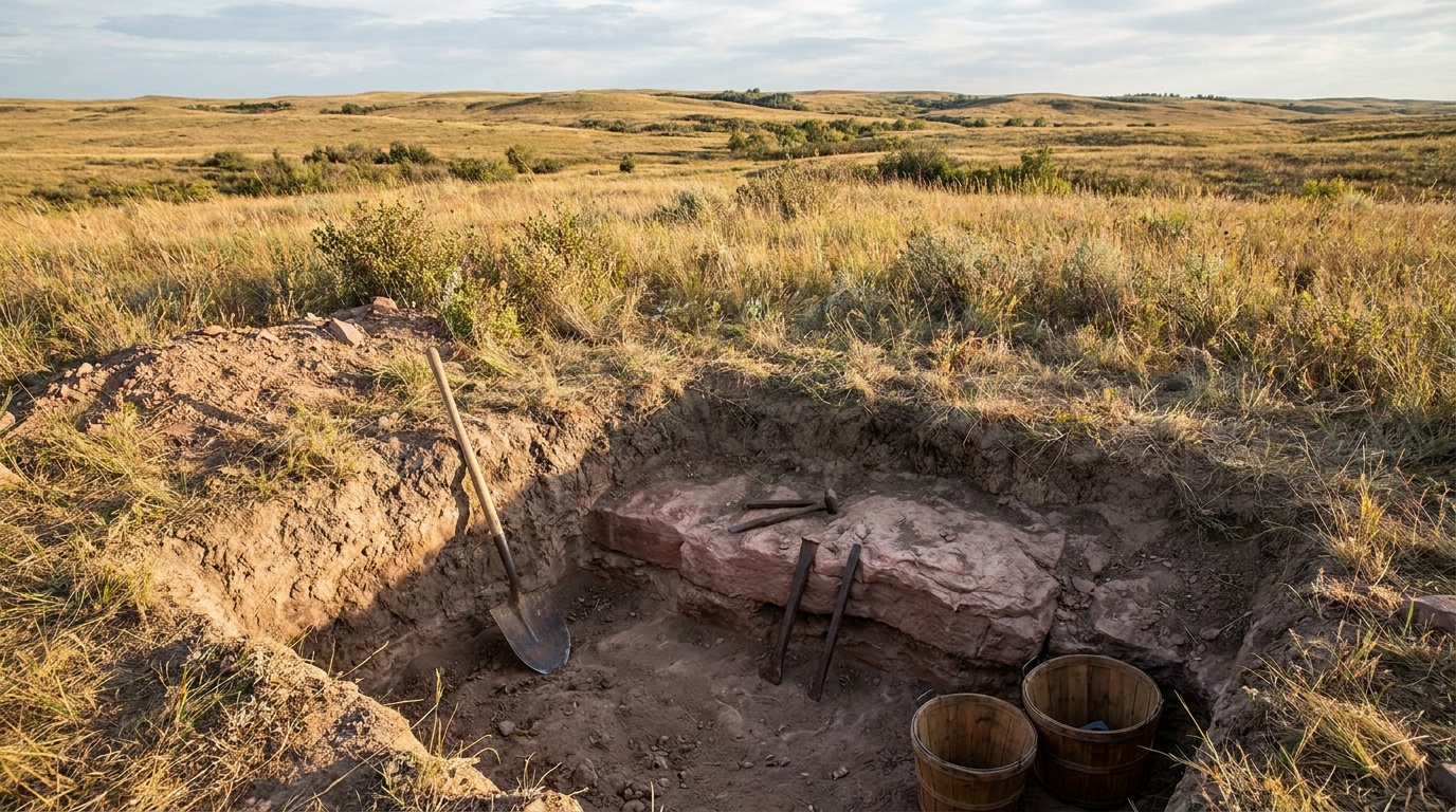 Close view of a hand-worked red pipestone quarry pit with tools and exposed soft red catlinite stone, prairie behind