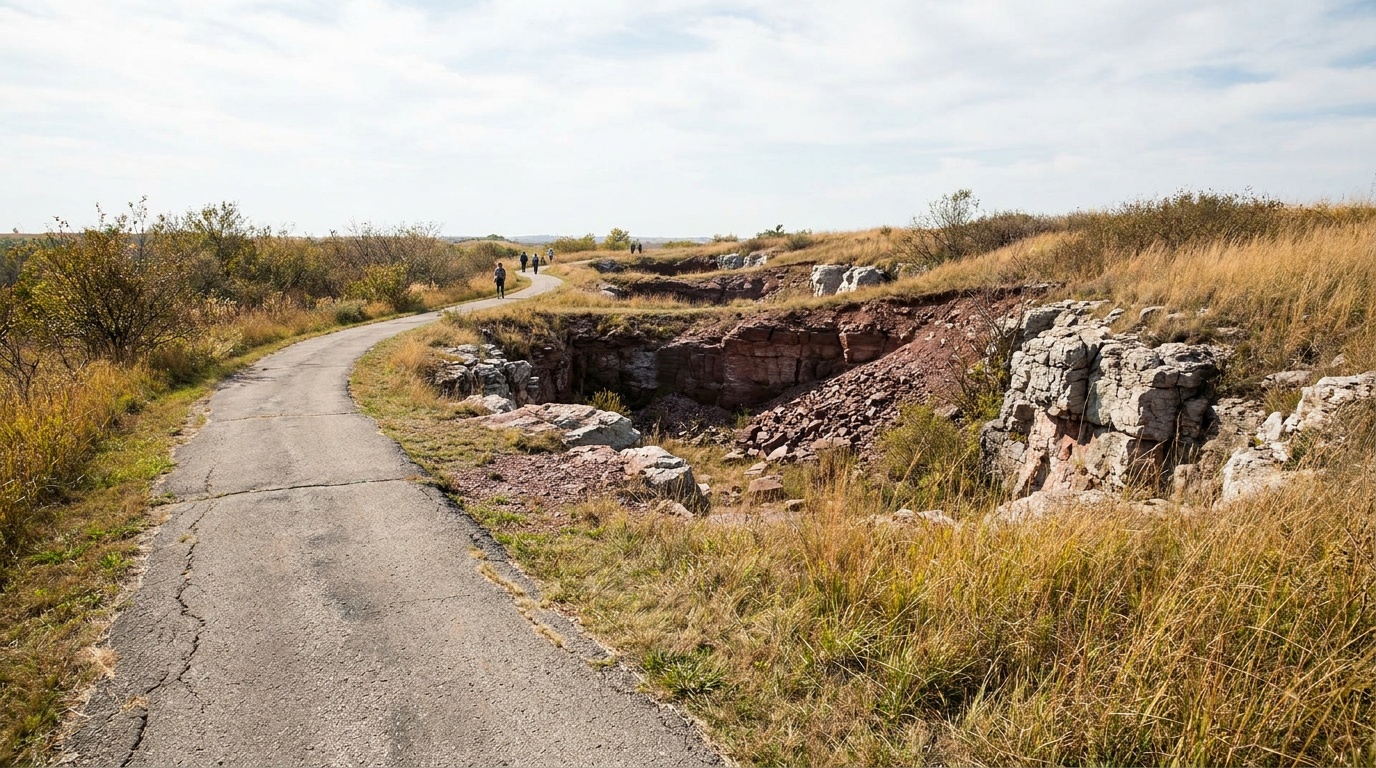 The paved Circle Trail at Pipestone winding past active red pipestone quarry pits and quartzite outcrops, prairie grass on a bright day
