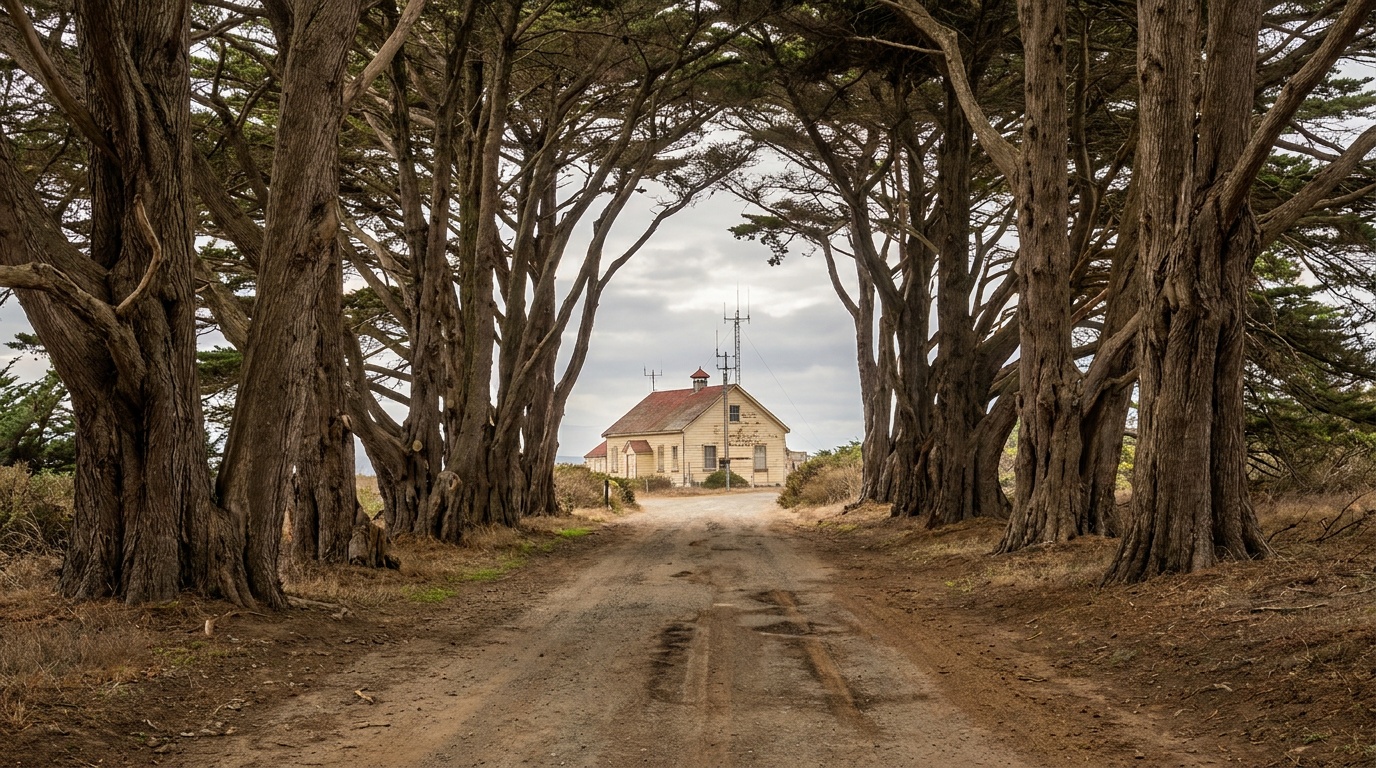 The Point Reyes Cypress Tree Tunnel leading toward the old RCA station