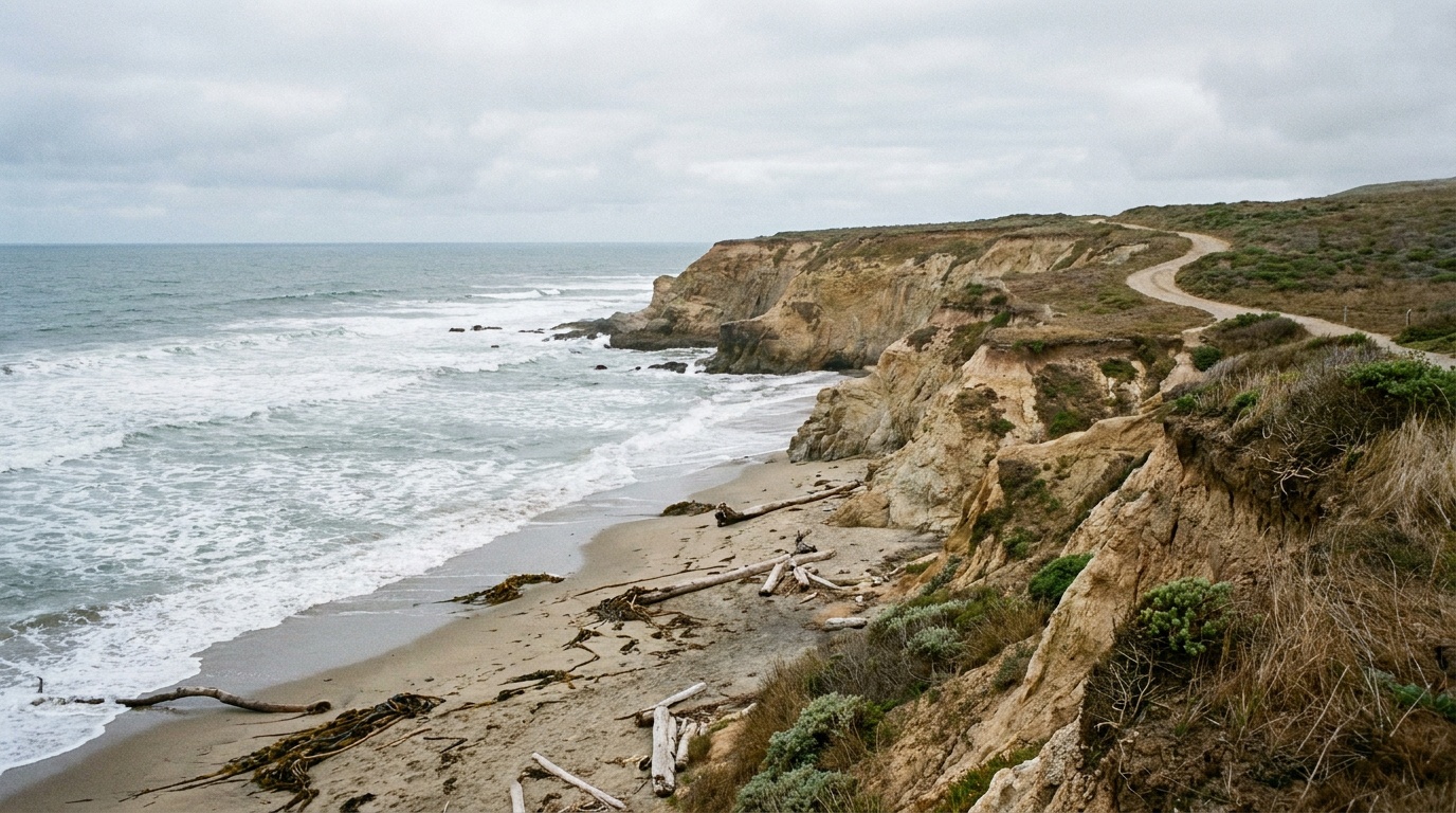 Rugged coastline and beach cliffs along the Point Reyes peninsula