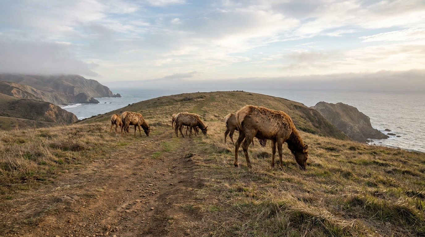 Tule elk on the grassy ridge of Tomales Point with ocean on both sides