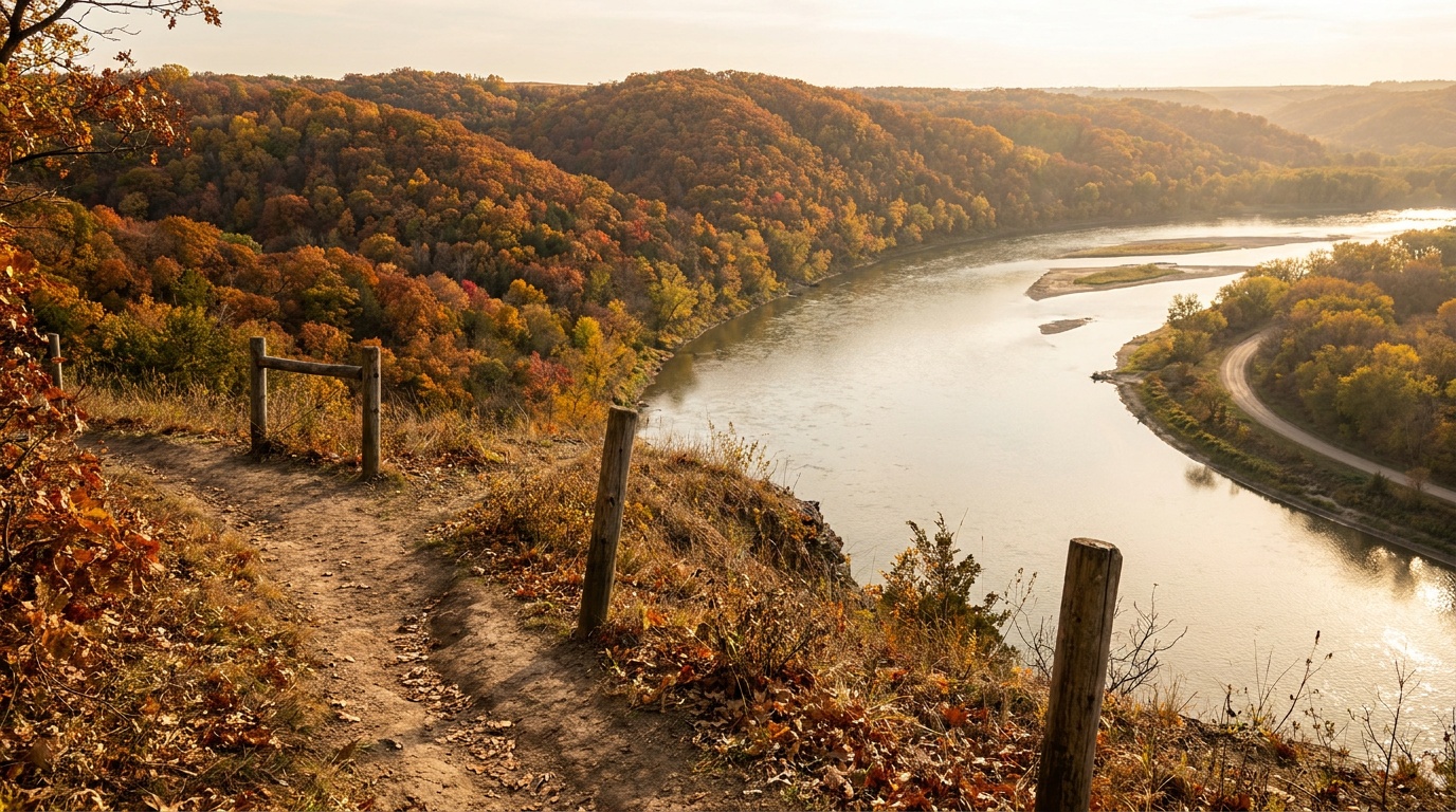 Forested Loess Hills bluffs at Ponca State Park glowing in autumn color above a wide bend of the free-flowing Missouri River, late-afternoon golden light, Nebraska