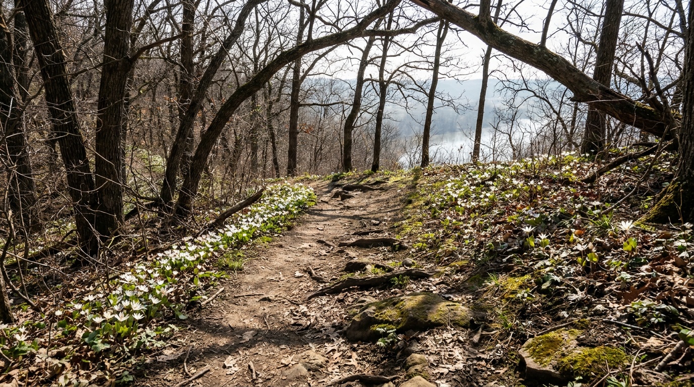 A dirt hiking trail winding through oak and hardwood forest on the steep bluffs of Ponca State Park, dappled sunlight, spring bloodroot wildflowers along the path