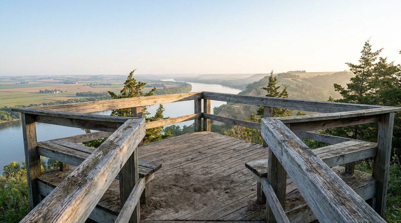 The Three-State Overlook at Ponca State Park, a wooden viewing platform on a high bluff looking out over the Missouri River toward distant farmland in three states, clear morning sky