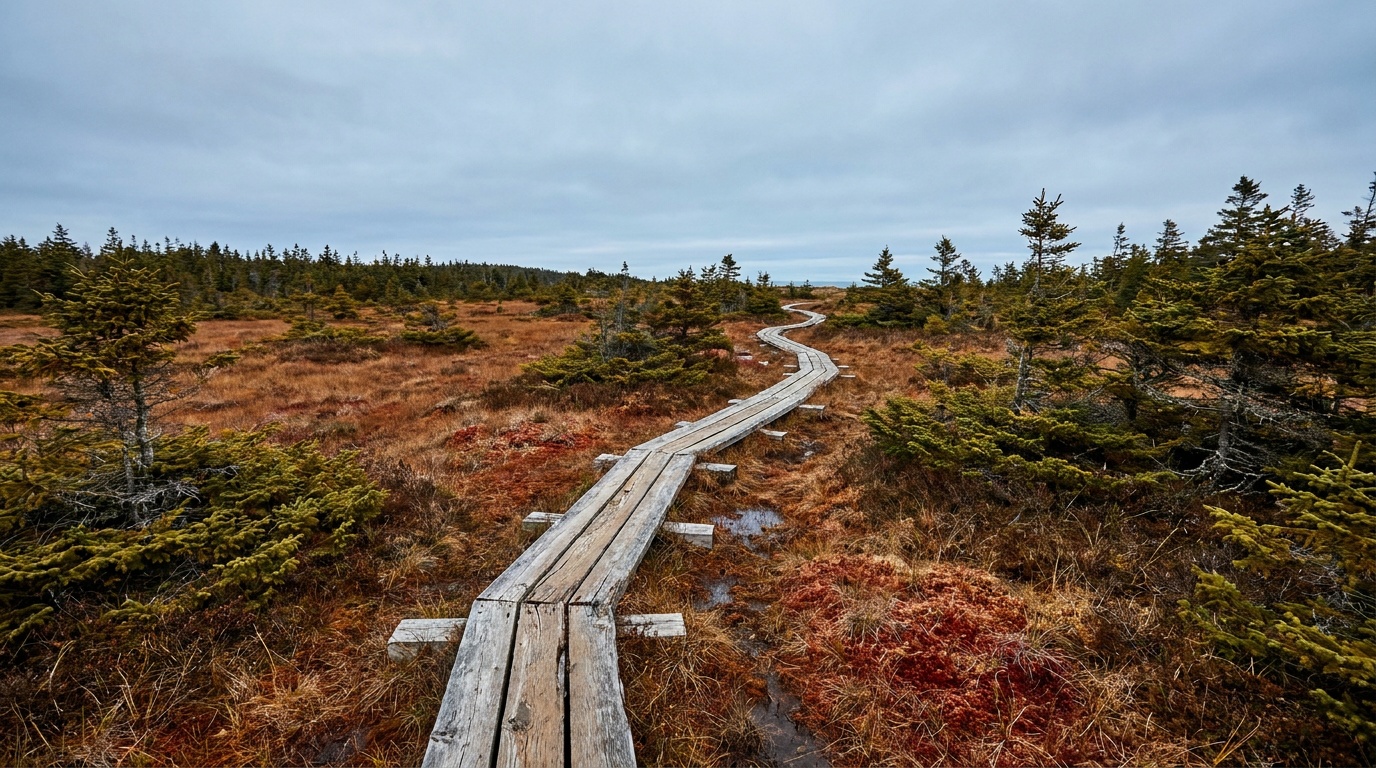 A weathered wooden boardwalk winding across a flat coastal peat bog with low stunted spruce and reddish sphagnum moss under a wide grey-blue sky at Quoddy Head State Park