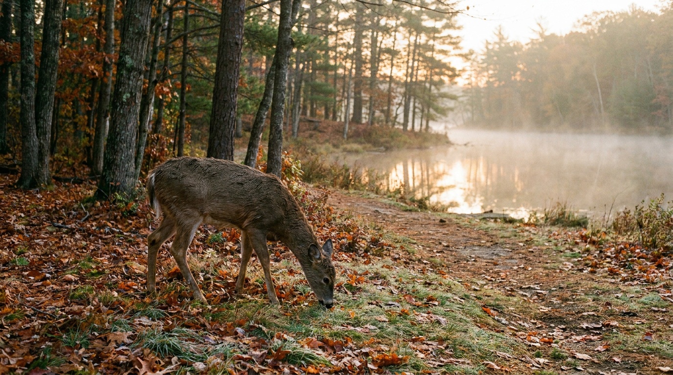 A white-tailed deer grazing at the forest edge near the lake in soft golden morning light, autumn leaves on the ground, wildlife in a protected natural area