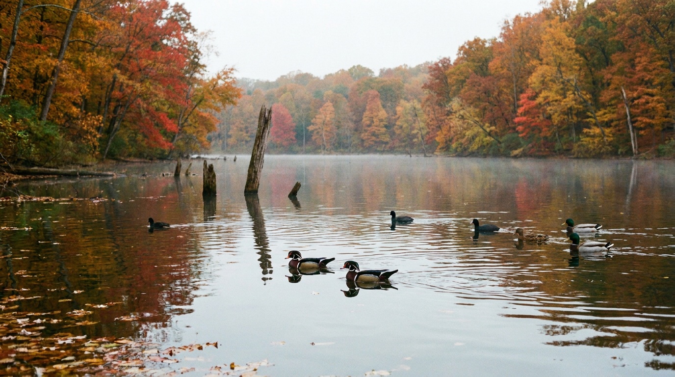 Waterfowl and a pair of wood ducks gliding across the glassy surface of Radnor Lake, fall color reflected on the water, serene and undisturbed