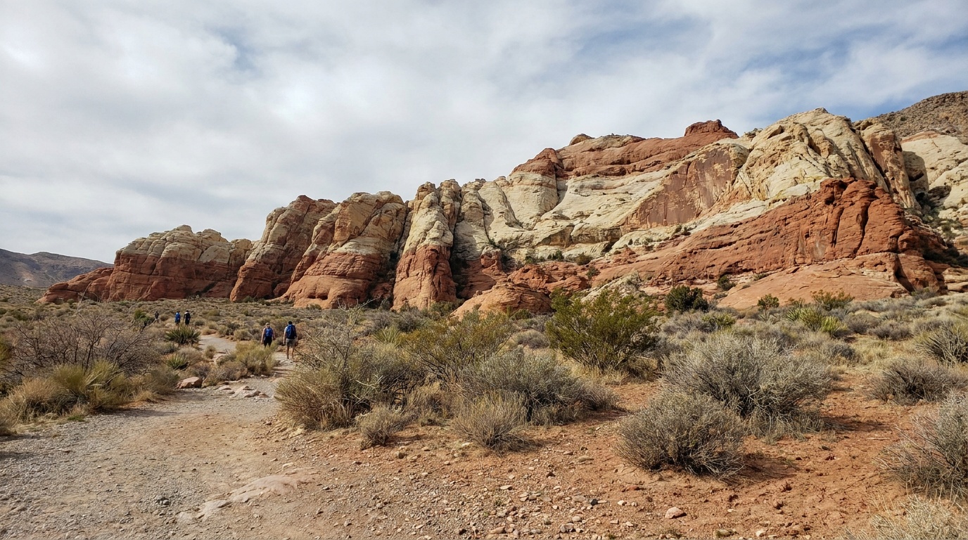 Banded red and white cliffs of Red Rock Canyon State Park near Mojave, California