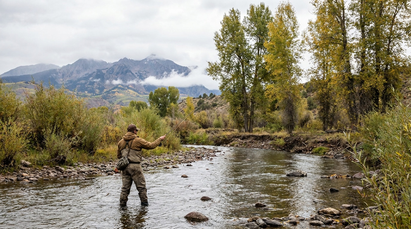 An angler fly fishing the clear Uncompahgre River below the Ridgway dam at Pa-Co-Chu-Puk, willows and cottonwoods along the bank, mountain light