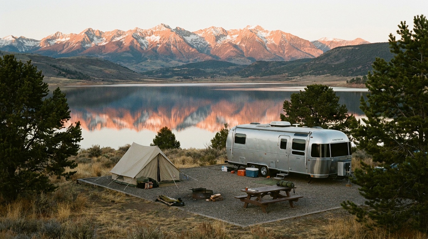 A lakeside campsite at Ridgway State Park with an RV and tent, the reservoir and jagged San Juan peaks in the background, evening alpenglow