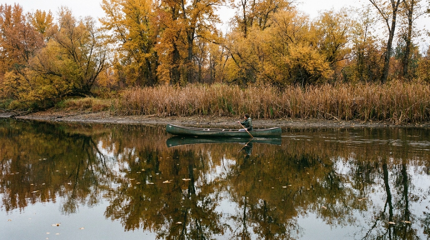 Calm flat water of the Little Spokane River reflecting overhanging trees and reeds, a quiet paddling reach with a canoe gliding through