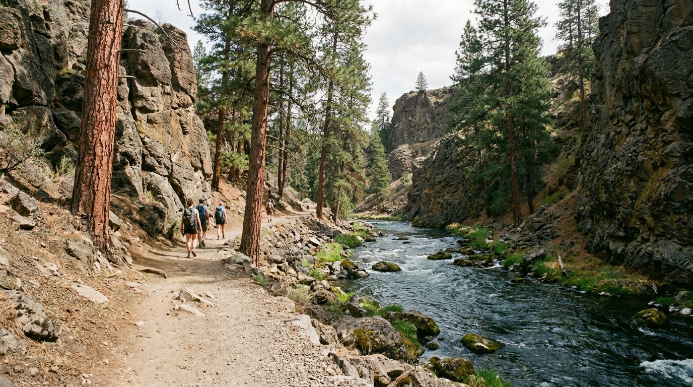 A riverside loop trail along the Spokane River framed by basalt cliffs and ponderosa pines, hikers' path winding beside rushing water