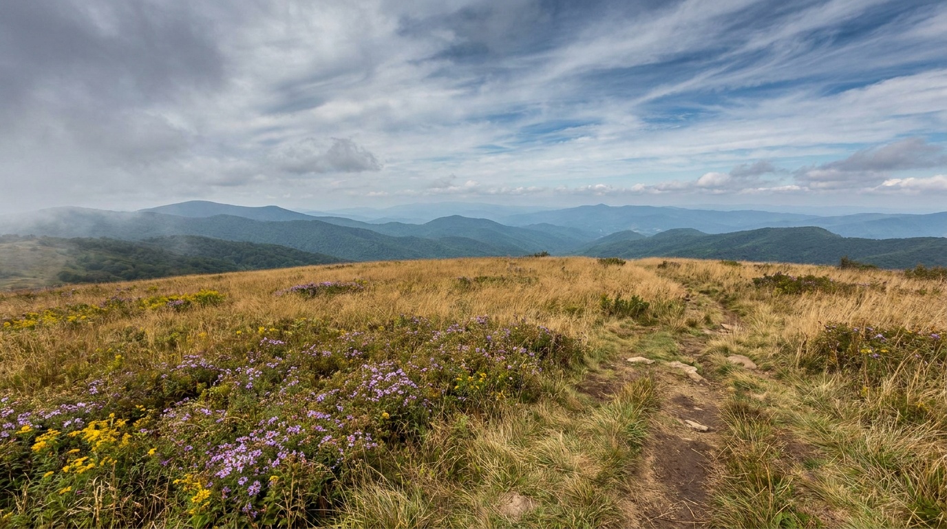 A wide-open mountain bald at the crest of the Roan massif, golden grass and scattered wildflowers under dramatic cloud-streaked sky, distant Appalachian peaks layered to the horizon