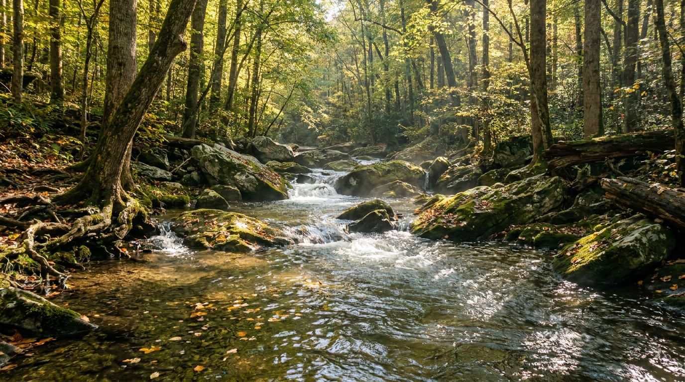 A clear cold trout stream, the Doe River, tumbling over mossy rocks through a lush green hardwood forest in the heart of the park, dappled sunlight on the water