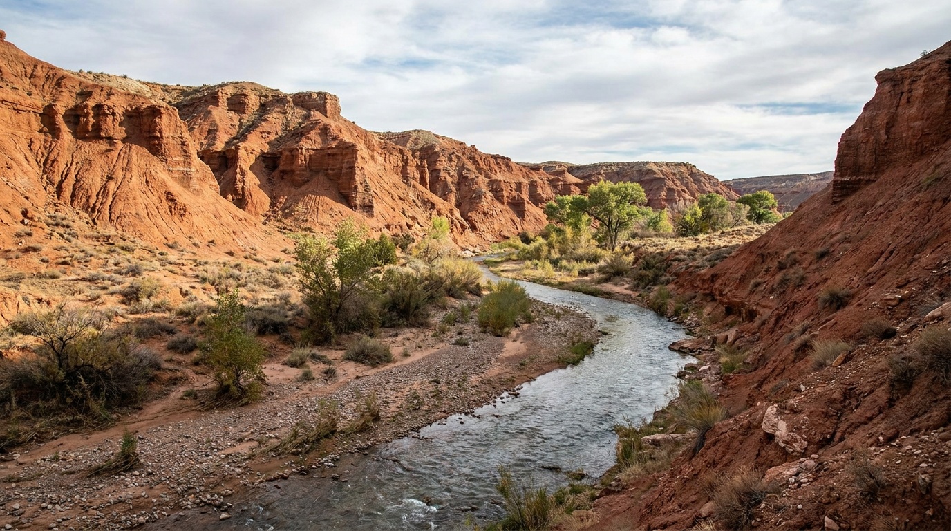 Red gypsum bluffs lining the spring-fed canyon