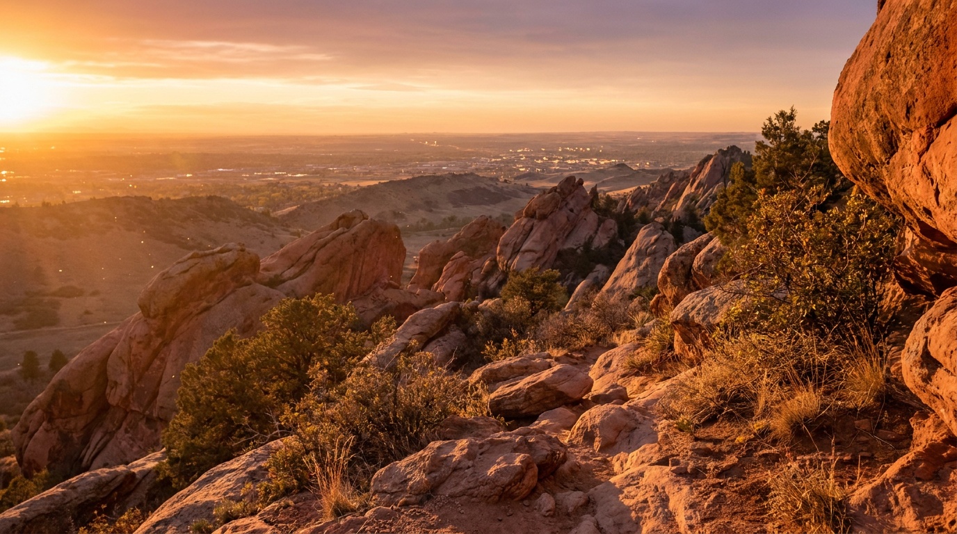 View from Carpenter Peak at Roxborough looking back over the red rock formations toward the Denver plains, golden hour
