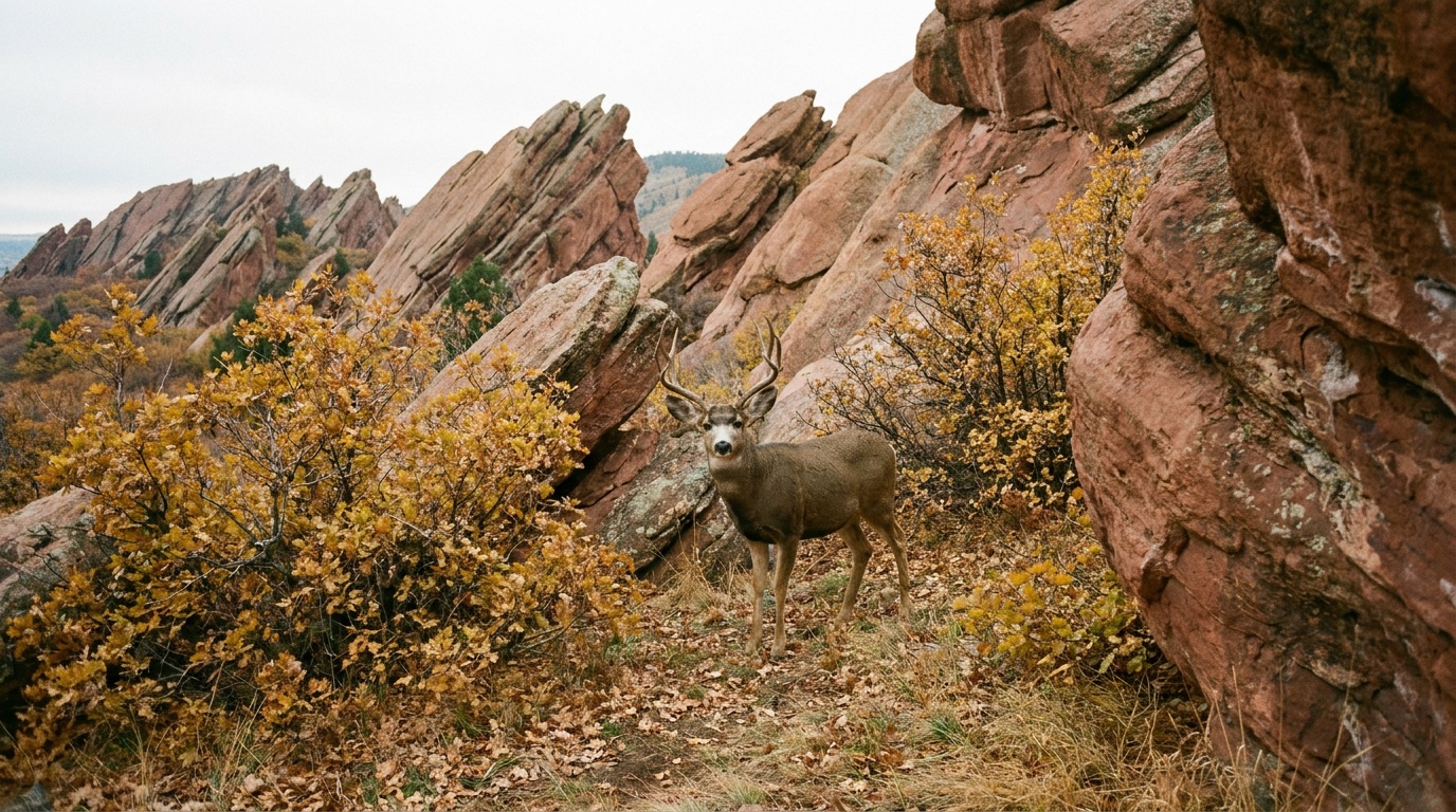 A mule deer standing among red sandstone formations and autumn-gold foliage at Roxborough State Park, soft morning light