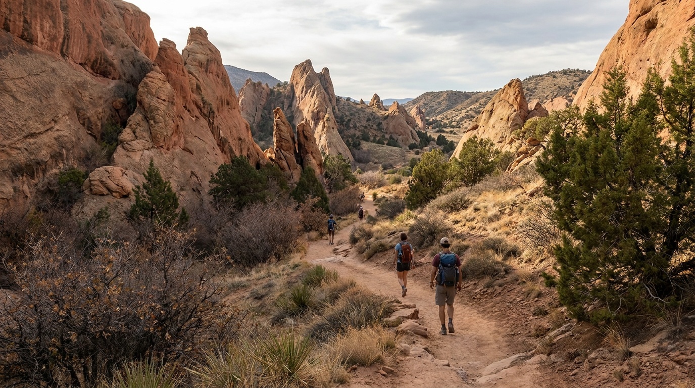 An easy trail winding through towering red-rock fins on the Fountain Valley loop at Roxborough, scrub oak and grasses, hikers on the path