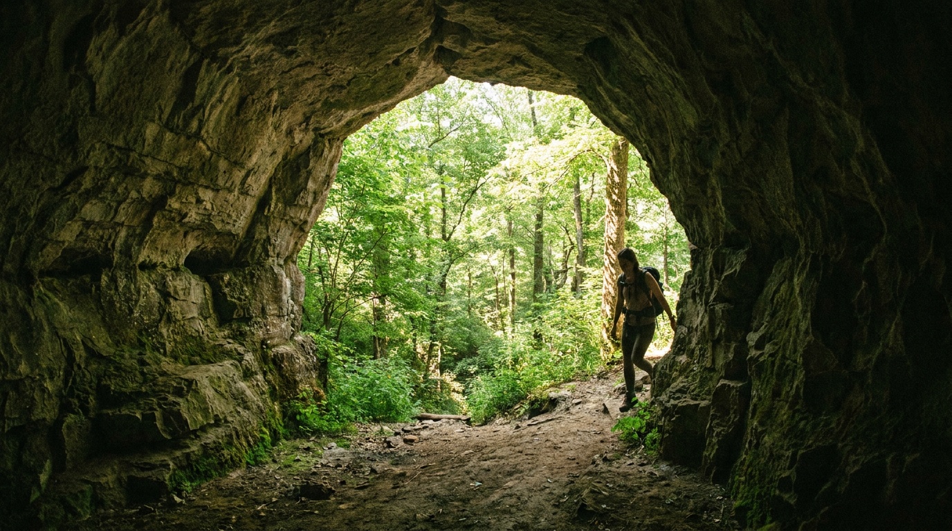Looking out from inside the Russell Cave shelter toward bright green forest beyond the cave mouth, ancient layered rock walls